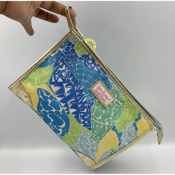 Estee Lauder Lilly Pulitzer Cosmetic Makeup bag Blue Green Gold Trim - Picture 2 of 16
